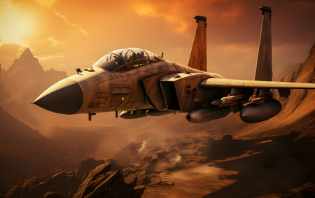 Fighter jet fighter in the desert. 3d render illustration.の素材