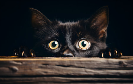 Cute black kitten with big eyes on wooden background. Studio shot.の素材