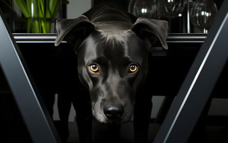 Black dog with yellow eyes sits on a treadmill in a dark roomの素材