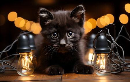 Cute little kitten with light bulbs on bokeh background.の素材