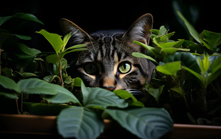 Cute cat hiding in a pot with green plants and looking upの素材