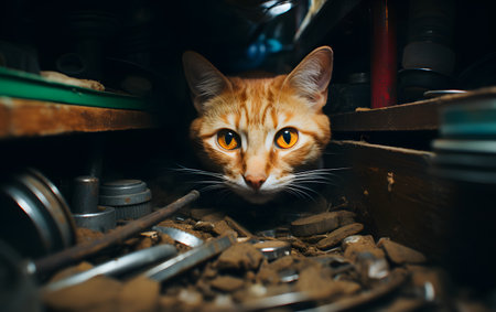 Cute ginger cat with yellow eyes peeking out of under the hood of a car.の素材