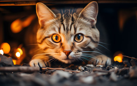 Portrait of a cat in front of a fireplace at home.の素材