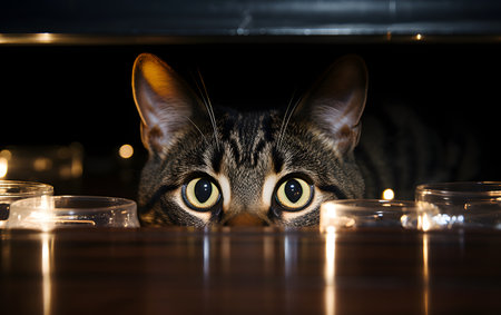 Cute tabby cat with eyes closed in front of a fireplaceの素材