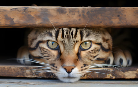 Close up of a cat looking through the bars of a wooden houseの素材