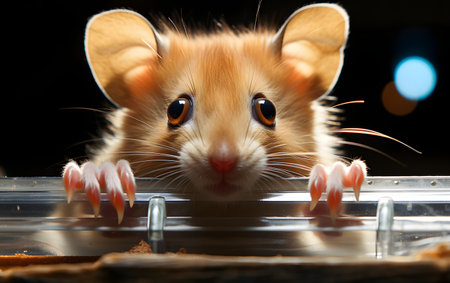 Cute brown mouse on a black background. Close up.の素材