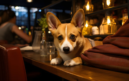 Welsh corgi dog sitting in a cafe. Close up.の素材