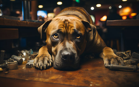 Rhodesian ridgeback dog lying on a table in a cafeの素材