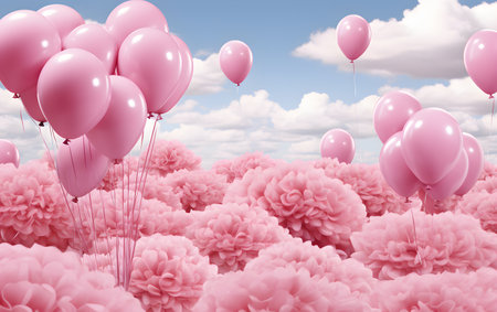 Pink skin tones and pink balloons in the sky. 3d renderingの素材