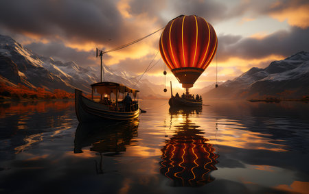 Hot air balloon over the lake at sunset, 3d render.の素材