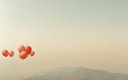 Red balloons on the background of the mountains in the fog. Toned.の素材