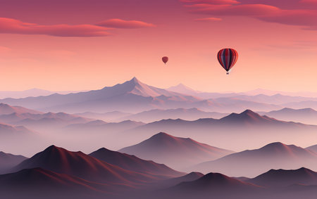 Landscape with mountains and hot air balloon flying in the sky.の素材