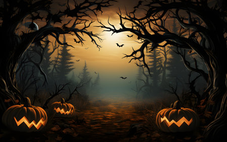 Halloween background with pumpkins and trees. 3D illustration.の素材