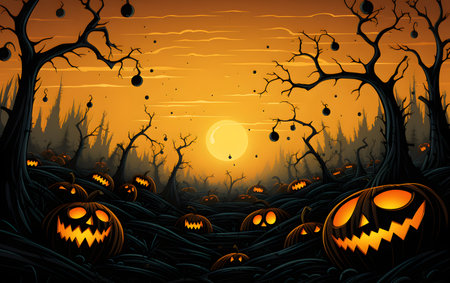 Halloween background with pumpkins and trees at night, vector illustrationの素材