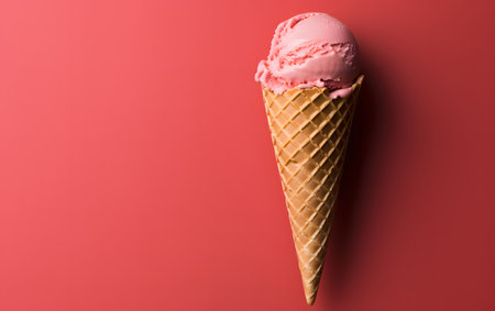 Pink ice cream in waffle cone on red background, top viewの素材