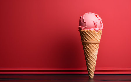Ice cream in waffle cone on red background with copy space.の素材