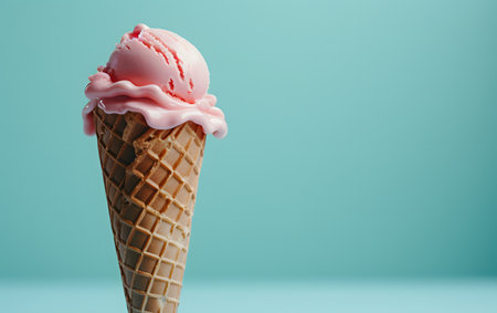 Ice cream cone with pink ice cream on blue background, copy spaceの素材