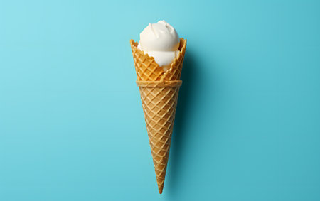 Ice cream cone on blue background. Minimal style, top viewの素材