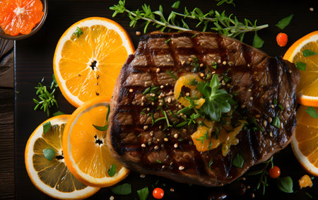 Steak with oranges and herbs on a black background. Top view.の素材