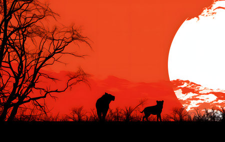 silhouette of wild animals in the savannah at sunset backgroundの素材