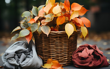 Basket with autumn leaves and clothes on wooden table outdoors, closeupの素材