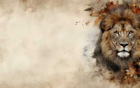 Lion with autumn leaves on a grunge background with space for textの素材