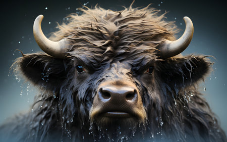 Portrait of a big black bison with big horns on a dark backgroundの素材