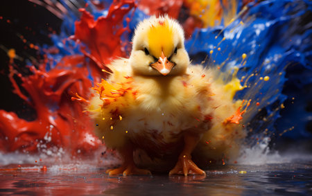 Cute little yellow chicken with colorful paint splashes on dark backgroundの素材