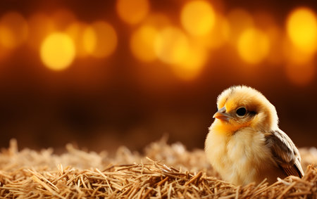 Cute little chicken on straw in front of bokeh backgroundの素材