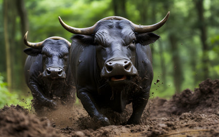 Buffalo in the mud in the forest, animal in the natureの素材