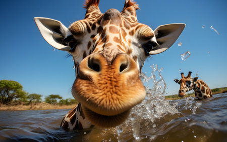 Closeup of Giraffe drinking water in Okavango Delta, Botswanaの素材