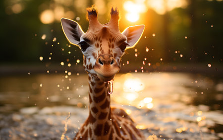 Portrait of a cute giraffe in the water at sunset.の素材