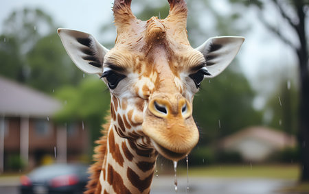 Giraffe portrait in the rain. Giraffa camelopardalisの素材