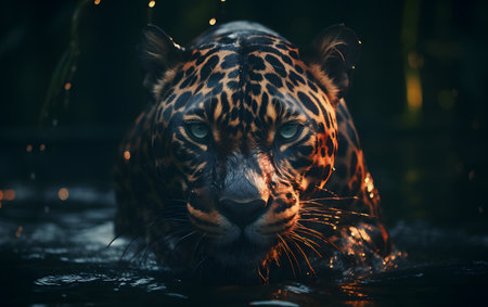 Close-up portrait of a leopard in the water at nightの素材