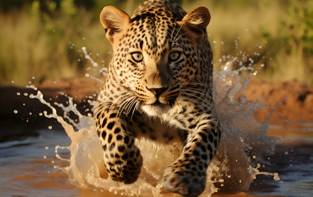 Leopard running in water, Kruger National Park, South Africa; Specie Panthera pardus family of Felidaeの素材