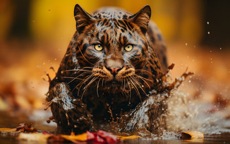 Portrait of a big cat in the autumn forest. Close up.の素材