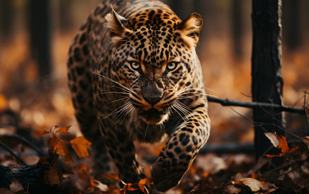 Portrait of a leopard in the autumn forest. Wildlife scene from nature.の素材
