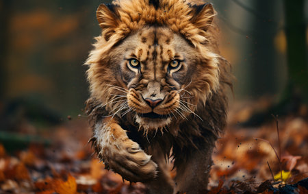 Portrait of a big lion on a background of autumn leaves.の素材