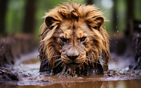 Close up of a lion drinking water from a puddle in the rainの素材