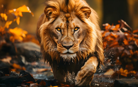 Portrait of a lion in the forest in autumn. Animal in nature.の素材