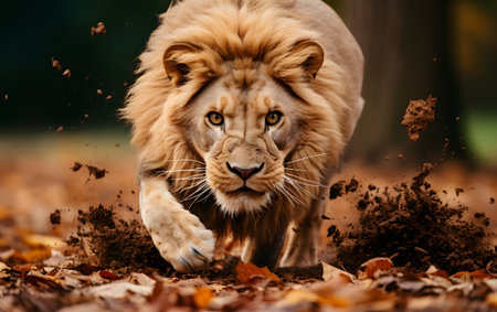 Big male lion walking in the autumn forest. Wildlife scene from nature.の素材