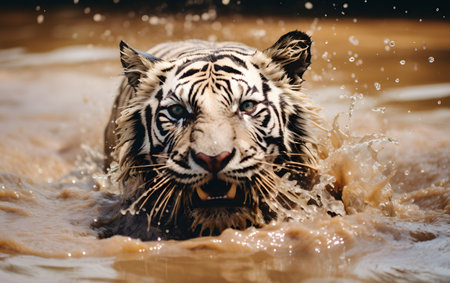 Close up of a white tiger swimming in a river with water splashesの素材