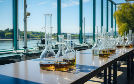 Laboratory glassware on the table in the background of the riverの素材