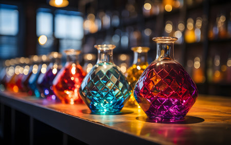 Colorful glass bottles on a shelf in a wine cellar, shallow depth of fieldの素材
