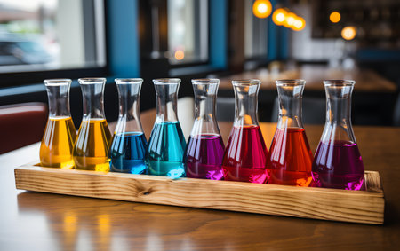 Laboratory glassware with colorful chemicals in a row on wooden tableの素材