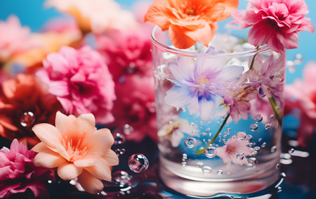 Beautiful flowers in glass with water on blue background, closeupの素材