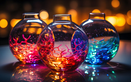 Colorful decorative glass vases on a black background with bokehの素材