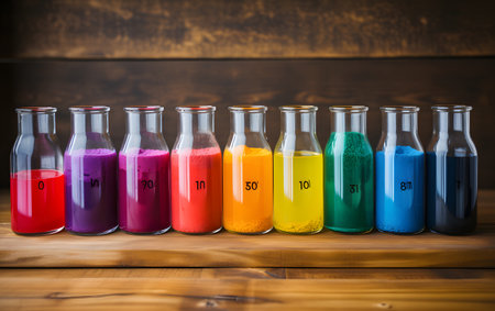 Colorful chemical test tubes on a wooden background. Toned.の素材