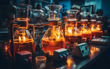 Laboratory chemical test tubes with a lot of liquids and candles.の素材