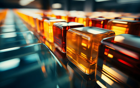 3d rendering of a row of orange glass cubes in a factoryの素材